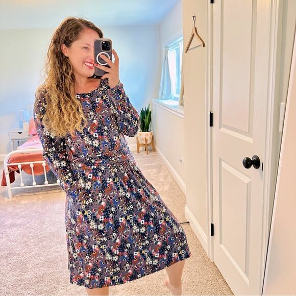 Boden Gray Blue Floral Jersey Long Sleeve MIDI Dress 12 - Picture 1 of 12